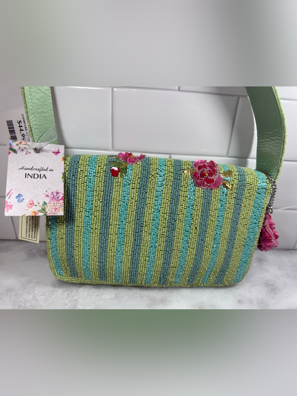 NEW RELEASE Pink Roses Beaded Bag With Green Stripes and Matching Charm NWT - Picture 6 of 9